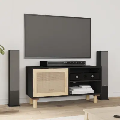 The Living Store TV omarica črna 80x30x40 cm trdna borovina in naravni ratan - TV Omarica