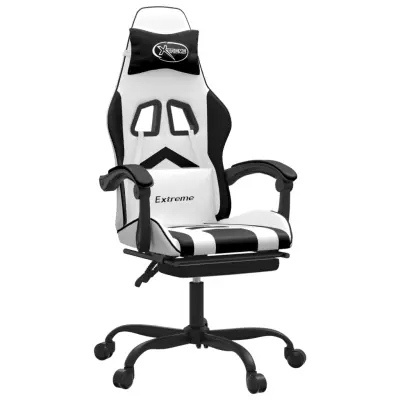 vidaXL Vrtljivi gaming stol z oporo za noge belo in črno umetno usnje
