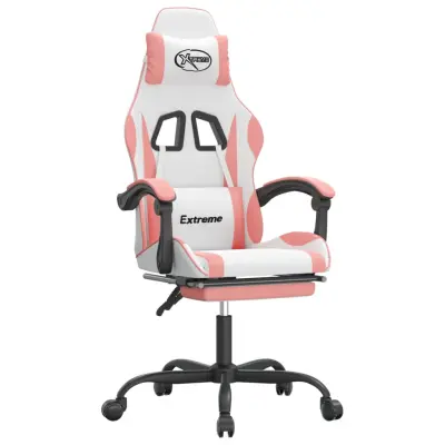 vidaXL Vrtljivi gaming stol z oporo za noge belo in roza umetno usnje
