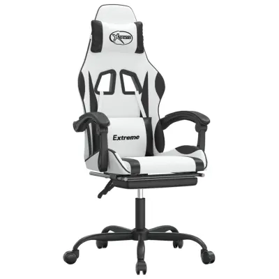 vidaXL Vrtljivi gaming stol z oporo za noge belo in črno umetno usnje