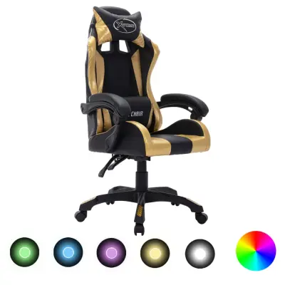 vidaXL Racing stol z RGB LED lučkami zlato in črno umetno usnje