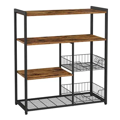 Baker's Rack, kuhinjski otok z 2 kovinskima košarama, policami in kavlji, 80 x 35 x 95 cm, industrijski slog, rustikalno rjava KKS96X