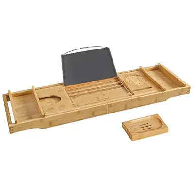 BCB88Y Raztegljiva bambusova polica za kad s pijačo, stojalo za knjige, podstavek za milo 75-109 x 4,5 x 23 cm (ŠxVxG), Natural, (75-109) x4,5 x 23 cm