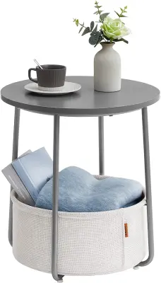 Petite Table Basse Ronde, Table d'Appoint z Panier en Tissu, Rangement, pour Salon, Chambre, Table de Chevet, Style Moderne, Gris Ciment et Blanc Nuag