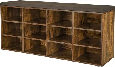 Klop za čevlje, klop za shranjevanje z oblazinjenim sedežem, z blazino, 12 predelkov, nastavljive police, za dnevno sobo, predsobo, 30,3 x 104 x 48 cm