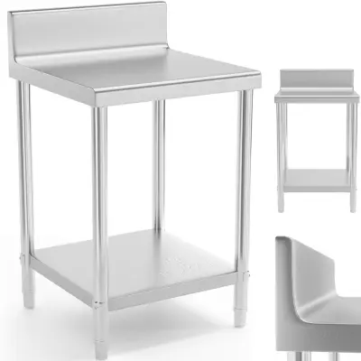 Miza, delovna plošča iz nerjavečega jekla, stenska, z robom in polico, 60x60 cm