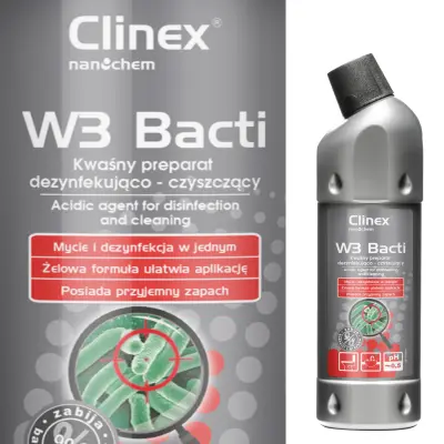 Baktericidna tekočina za dezinfekcijo in odstranjevanje gliv iz kopalnic in sanitarij CLINEX W3 Bacti 1L