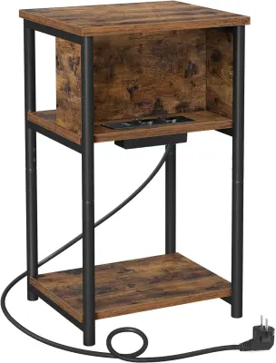 Nočna omarica Nočna omarica s tanko vtičnico 2 AC vhoda 2 USB vhoda 30 x 34 x 58 cm za dnevno sobo, spalnico Vintage rjava/črna LET375B01