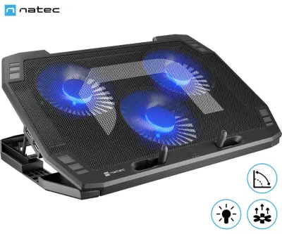 Natec ORIOLE hladilno stojalo za prenosnike, do 17.3", 7 stopenj naklona, 3x 120mm ventilator, nastavljiva hitrost, LED osvetlitev, 2x USB Type-A, črn
