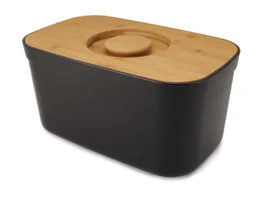 JJ Škatla za kruh z desko za rezanje Bambus, črna