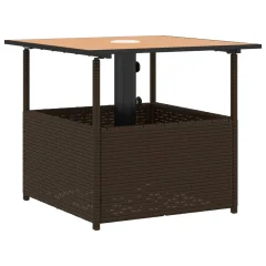 vidaXL Vrtna miza z luknjo za senčnik rjava 55x55x46,5 cm poli ratan
