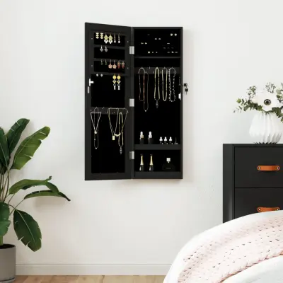The Living Store Omarica za nakit z ogledalom stenska črna 30x8,5x90 cm - Omarica Za Nakit Z Ogledalom