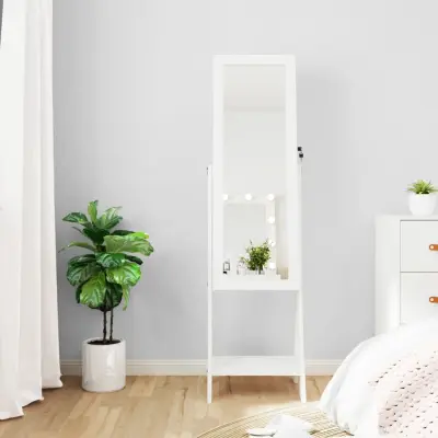 The Living Store Omarica za nakit z ogledalom in LED lučmi prostostoječa bela - Omarica Za Nakit Z Ogledalom