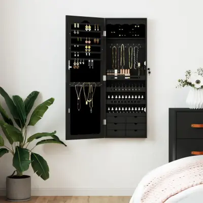 The Living Store Omarica za nakit z ogledalom stenska črna 37,5x10x106 cm - Omarica Za Nakit Z Ogledalom