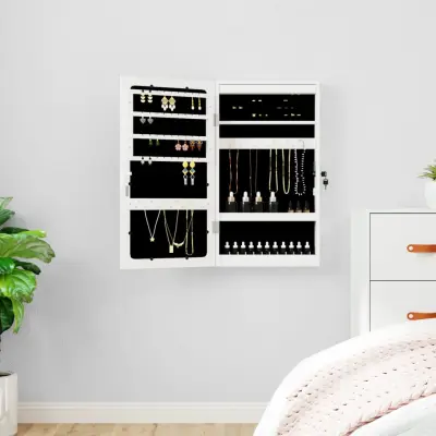 The Living Store Omarica za nakit z ogledalom in LED lučmi stenska bela - Omarica Za Nakit Z Ogledalom