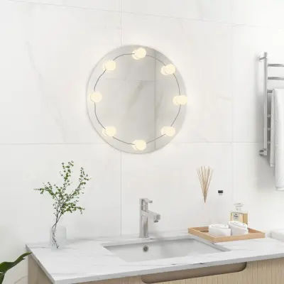 The Living Store Stensko ogledalo z LED lučkami okroglo steklo - Stensko Ogledalo Z LED Lučkami