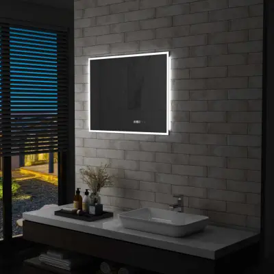 The Living Store Kopalniško LED ogledalo s senzorjem na dotik in uro 80x60 cm - Kopalniško Ogledalo