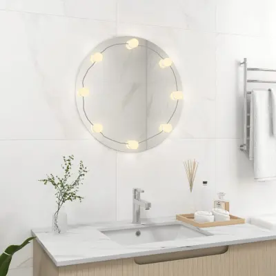 The Living Store Stensko ogledalo z LED lučkami okroglo steklo - Stensko Ogledalo Z LED Lučkami