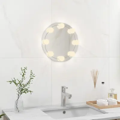 The Living Store Stensko ogledalo brez okvirja z LED lučkami okroglo steklo - Stensko Ogledalo Z LED Lučkami
