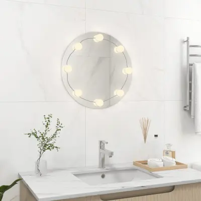 The Living Store Stensko ogledalo z LED lučkami okroglo steklo - Stensko Ogledalo Z LED Lučkami