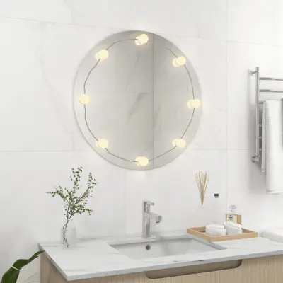 The Living Store Stensko ogledalo z LED lučkami okroglo steklo - Stensko Ogledalo Z LED Lučkami