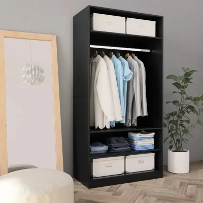 The Living Store Garderobna omara črna 100x50x200 cm iverna plošča - Garderobna Omara