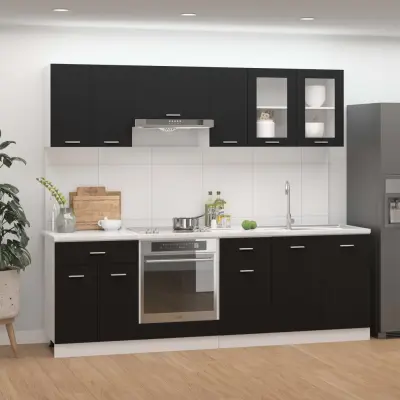 The Living Store Komplet kuhinjskih omaric 8-delni črn inženirski les - Komplet Kuhinjskih Omaric