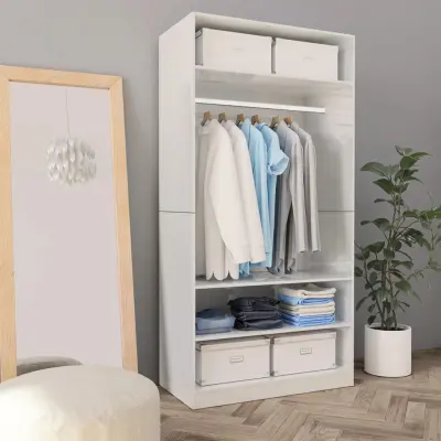The Living Store Garderobna omara visok sijaj bela 100x50x200 cm iverna plošča - Garderobna Omara