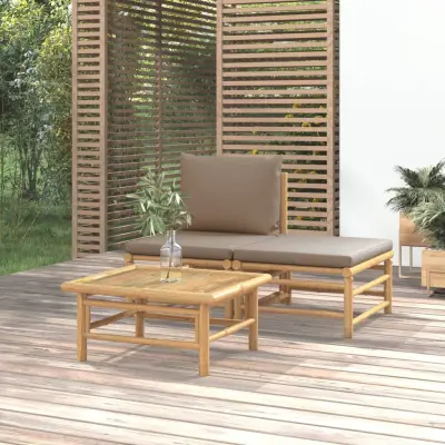 The Living Store Vrtna sedežna garnitura 3-delna s taupe blazinami bambus - Vrtna Sedežna Garnitura