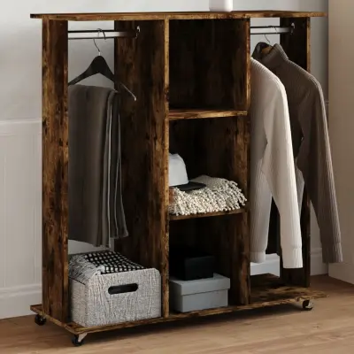 The Living Store Garderobna omara dimlj. hrast s koleščki 102x38x110 cm inž. les - Garderobna Omara