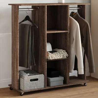 The Living Store Garderobna omara rjavi hrast s koleščki 102x38x110 cm inž. les - Garderobna Omara