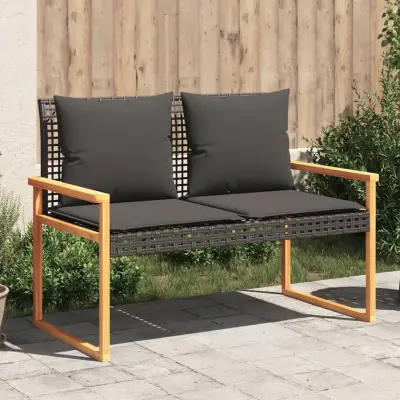 The Living Store Vrtna klop z blazino črn poli ratan in akacijev les - Vrtna Klop