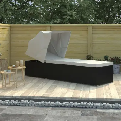 The Living Store Ležalnik s streho in blazino poli ratan kremno bel - Ležalnik Za Sončenje
