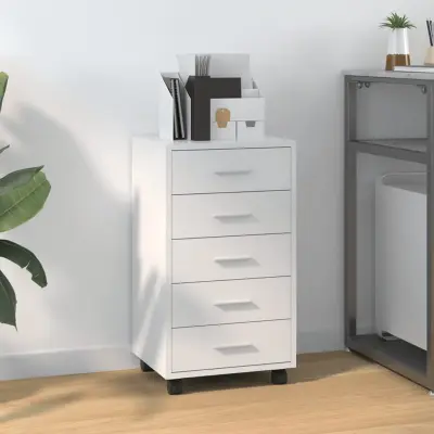 The Living Store Predalnik na kolesih visok sijaj bel inženirski les - Omarica S Predali
