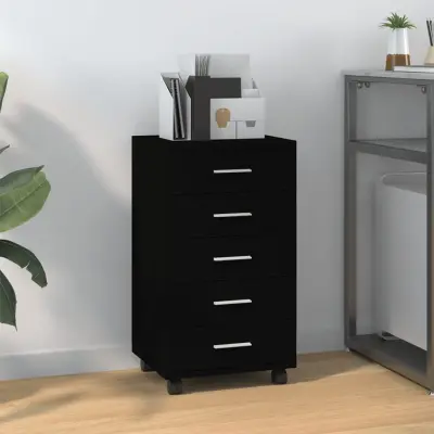 The Living Store Predalnik na kolesih črn inženirski les - Omarica S Predali