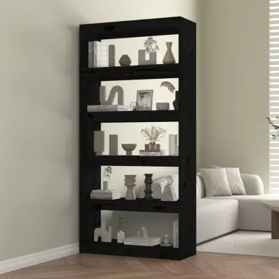 The Living Store Knjižna omara/pregrada črna 80x30x167,4 cm trdna borovina - Knjižna Omara