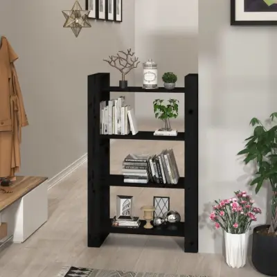 The Living Store Knjižna omara/pregrada črna 80x35x125 cm trdna borovina - Knjižna Omara