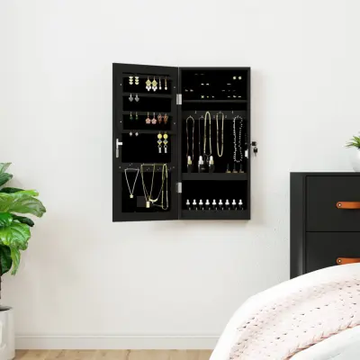 The Living Store Omarica za nakit z ogledalom in LED lučmi stenska črna - Omarica Za Nakit Z Ogledalom