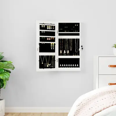 The Living Store Omarica za nakit z ogledalom in LED lučmi stenska bela - Omarica Za Nakit Z Ogledalom