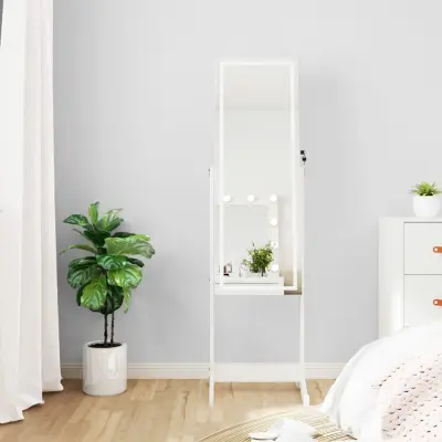 The Living Store Omarica za nakit z ogledalom in LED lučmi prostostoječa bela - Omarica Za Nakit Z Ogledalom