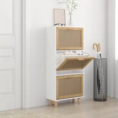 The Living Store Omarica za čevlje bela 52x25x115 cm inž. les in naravni ratan - Omarica Za Čevlje