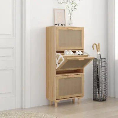 The Living Store Omarica za čevlje rjava 52x25x115 cm inž. les in naravni ratan - Omarica Za Čevlje