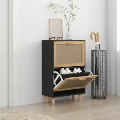 The Living Store Omarica za čevlje črna 52x25x80 cm inž. les in naravni ratan - Omarica Za Čevlje