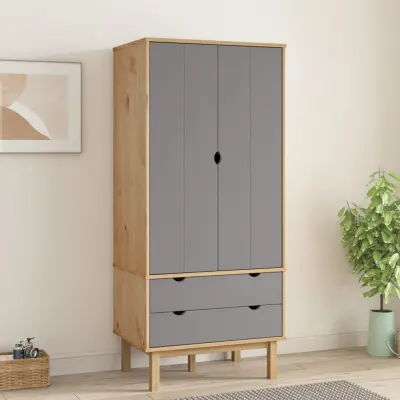 The Living Store Garderobna omara OTTA rjava in siva 76,5x53x172 cm borovina - Garderobna Omara