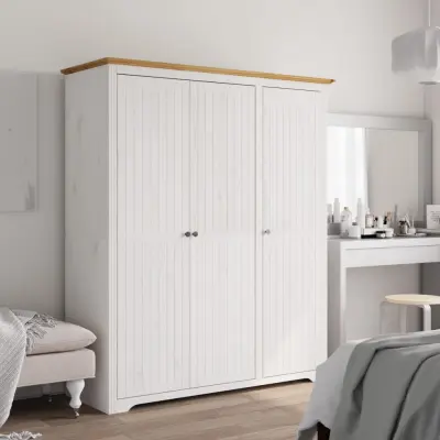The Living Store Garderobna omara BODO bela rjava 146x53,5x173 cm trdna borovina - Garderobna Omara
