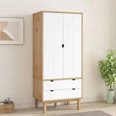 The Living Store Garderobna omara OTTA rjava in bela 76,5x53x172 cm borovina - Garderobna Omara