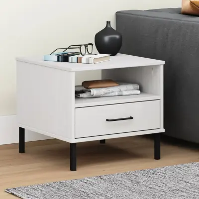 The Living Store Nočna mizica s kovinskimi nogami bela trdna borovina OSLO - Nočna Omarica