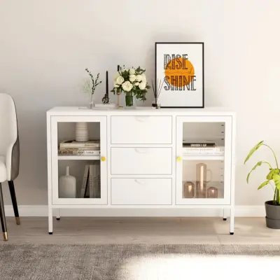 The Living Store Stranska omarica bela 105x35x70 cm jeklo in kaljeno steklo - Komoda