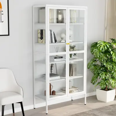 The Living Store Razstavna omarica bela 90x40x180 cm jeklo in kaljeno steklo - Razstavna Omarica