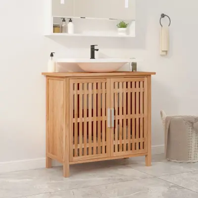The Living Store Kopalniška omarica za umivalnik 66x29x61,5 cm trdna orehovina - Kopalniška Omarica Za Umivalnik